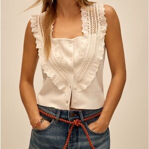 Anthropologie Pilcro Crafted Bib Sweater Tank Size XS Cream Button Front Lace